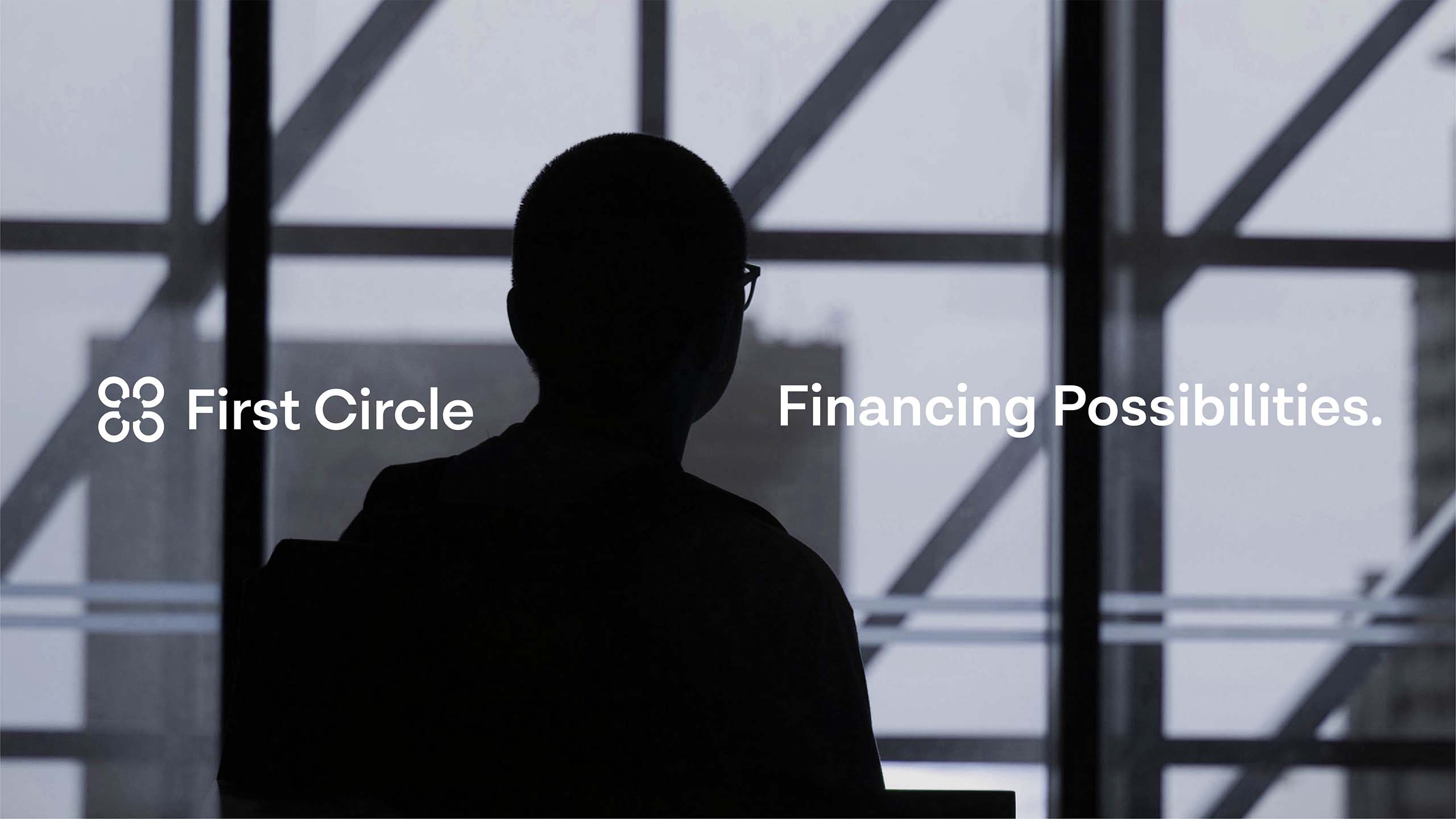 Brand tagline with a photo of a man looking out the window designed for technology finance brand First Circle