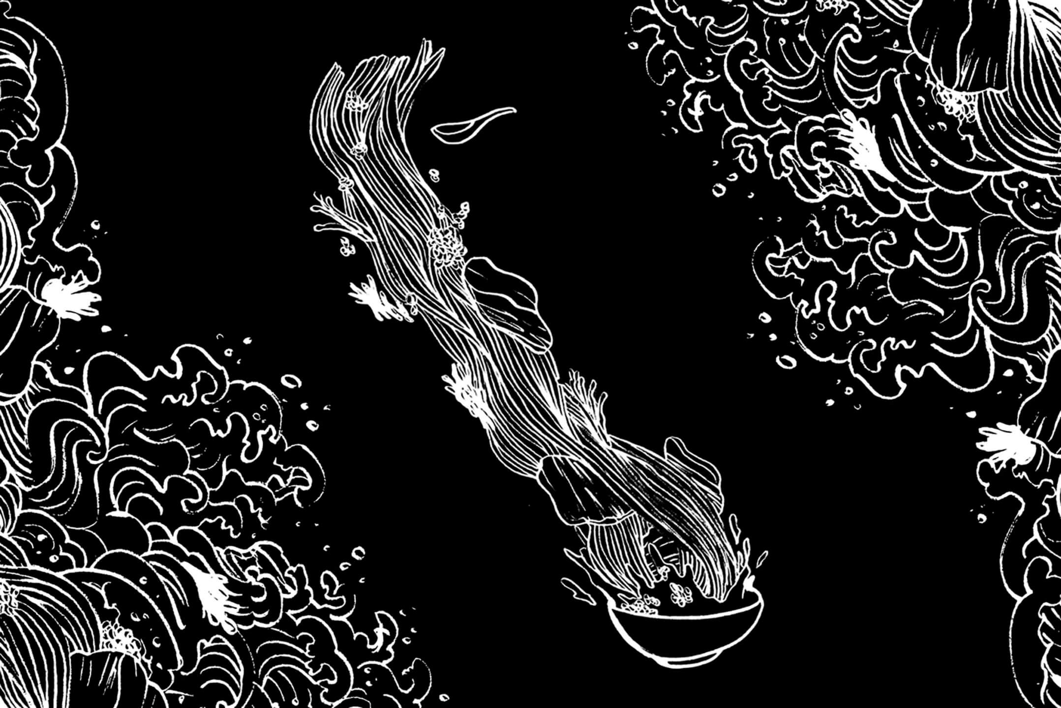 Illustrations of ramen and Japanese waves for ramen restaurant Ippudo