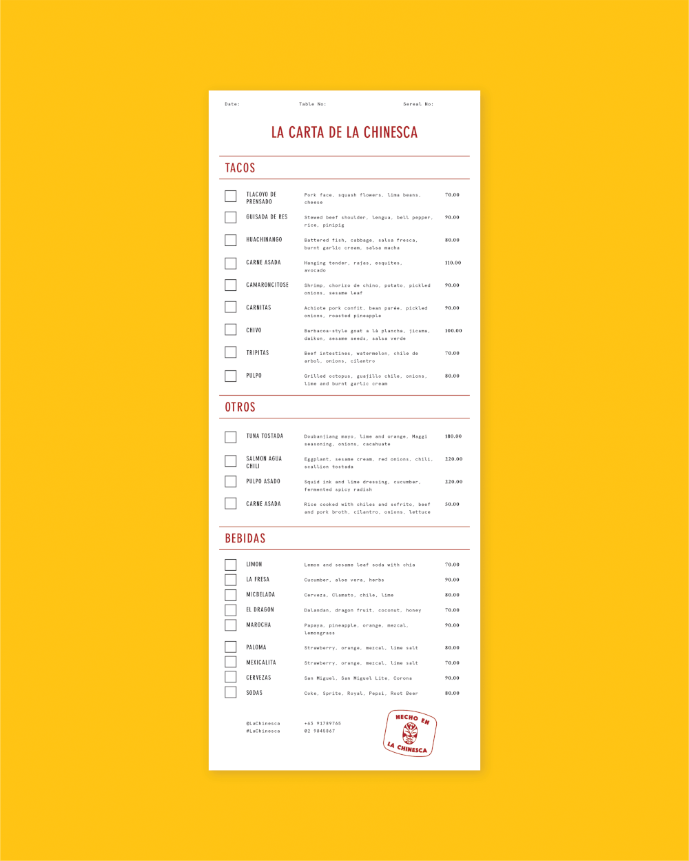 Menu design and layout for Mexican food and beverage brand La Chinesca