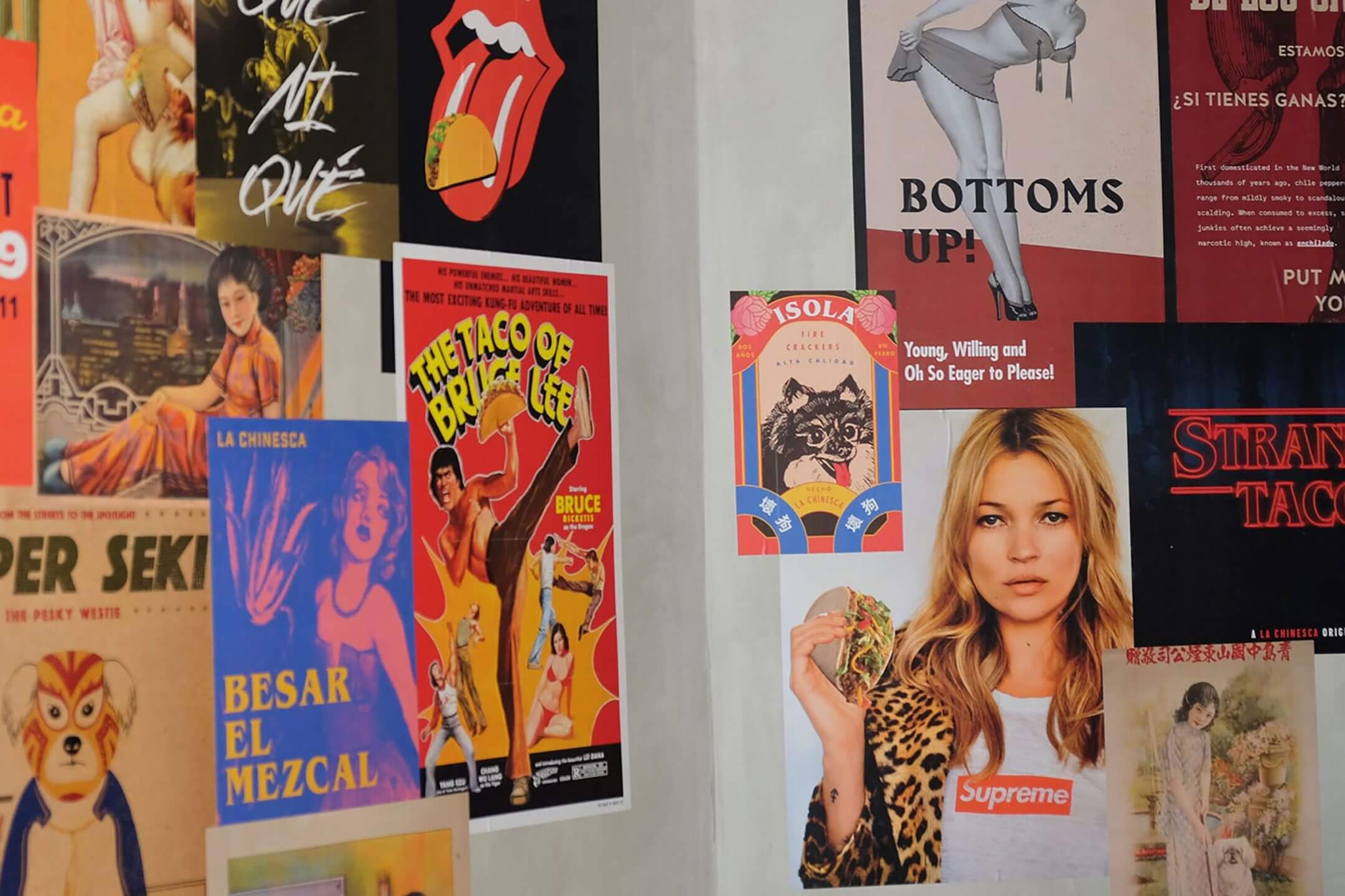 La Chinesca's posters filled with fun taco and pop culture references on a wall