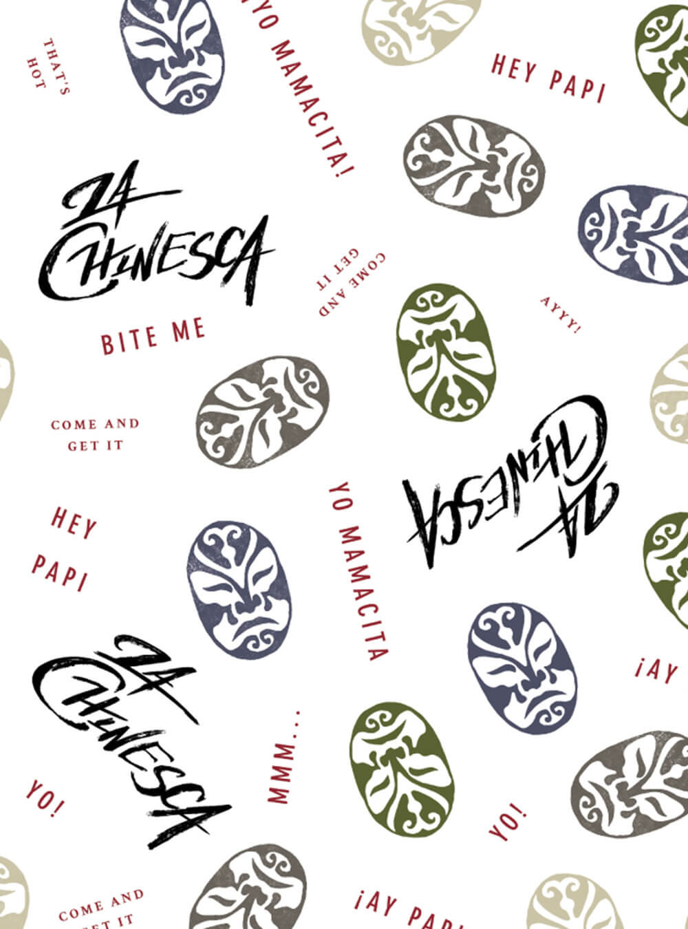 La Chinesca's brand pattern, made of luchador masks, fun copy, and the restaurant's logo