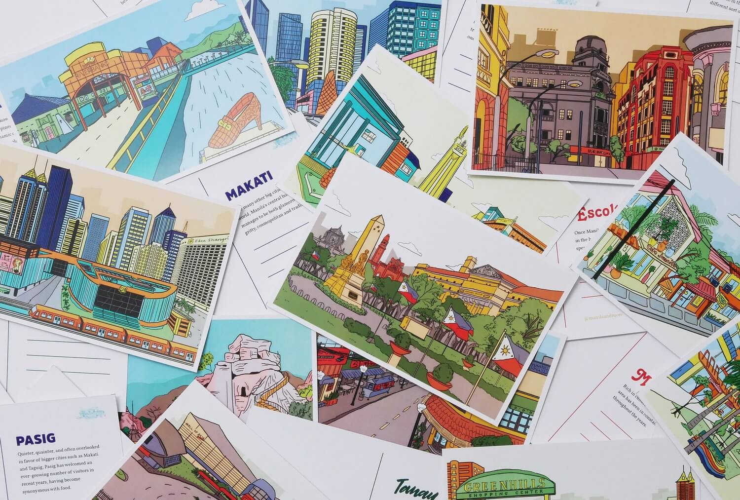 Colorful travel postcards featuring cities in the Philippines for travel guide book Manila Manila and More