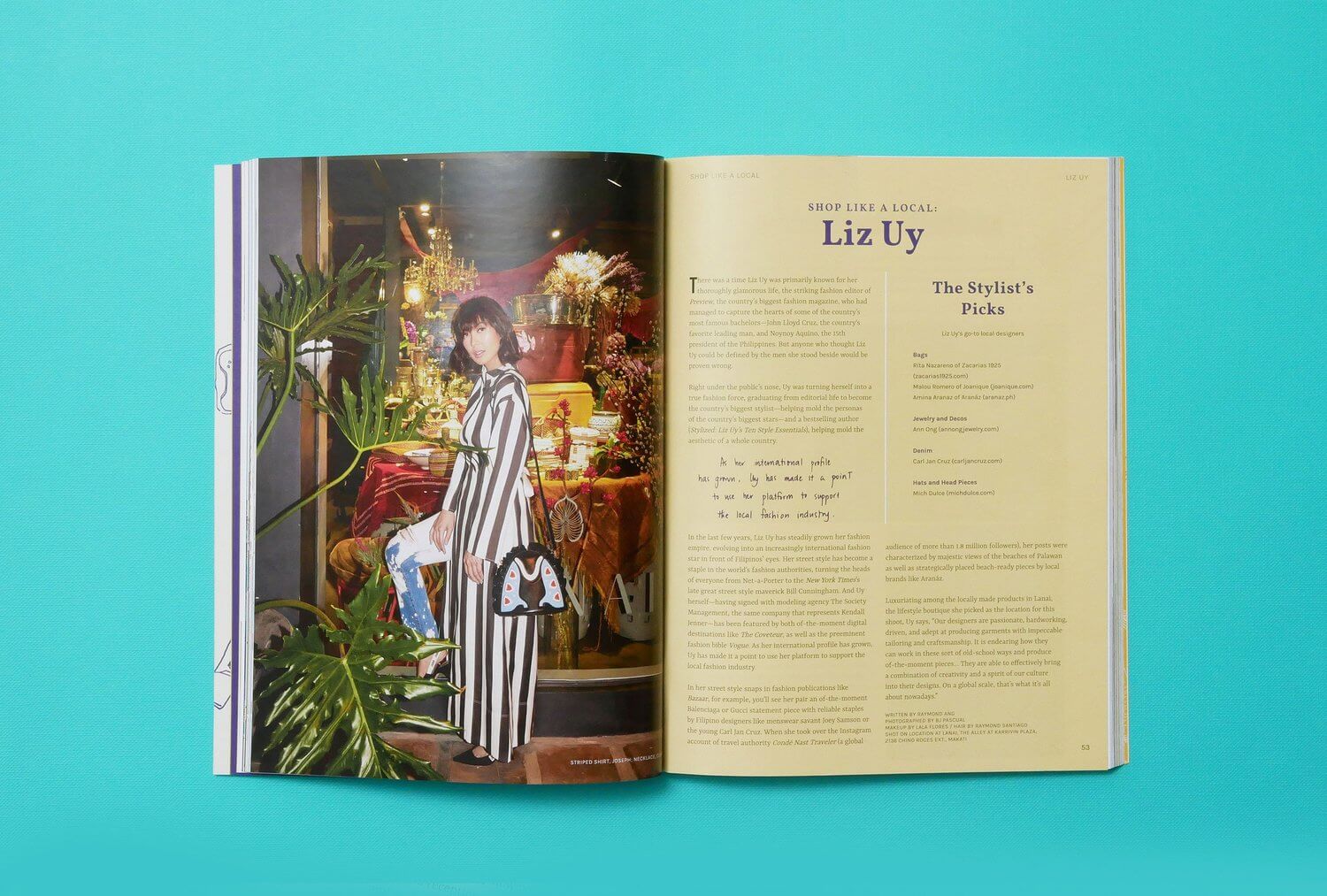 Print layout spread design featuring fashion editor Liz Uy for travel guide book Manila Manila and More