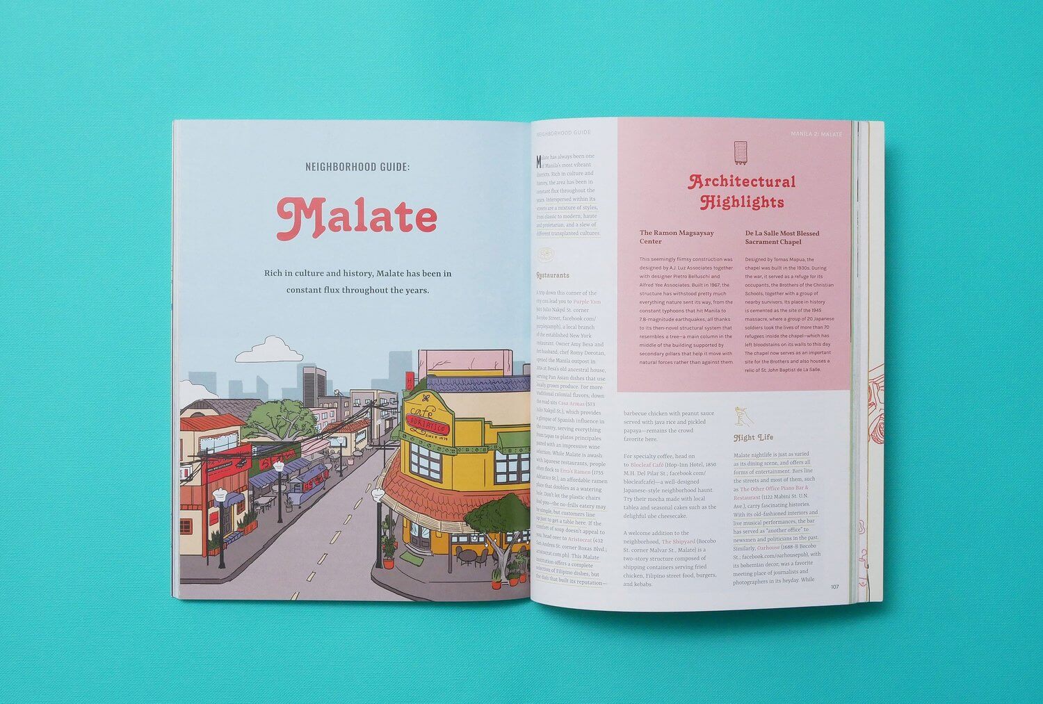 Print layout spread design featuring Malate Philippines for travel guide book Manila Manila and More
