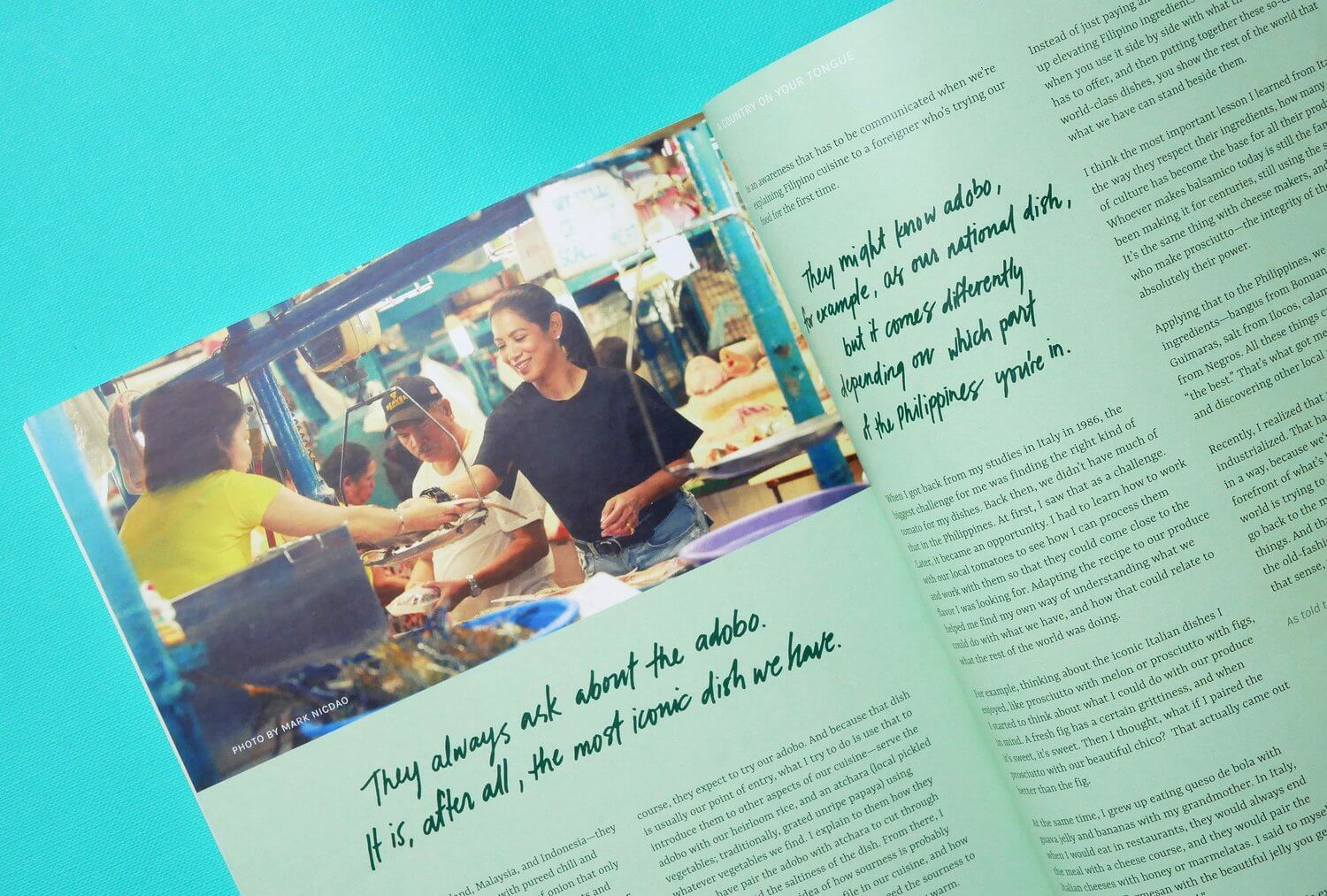 Print layout spread design featuring chef Margarita Flores on travel guide book Manila Manila and More