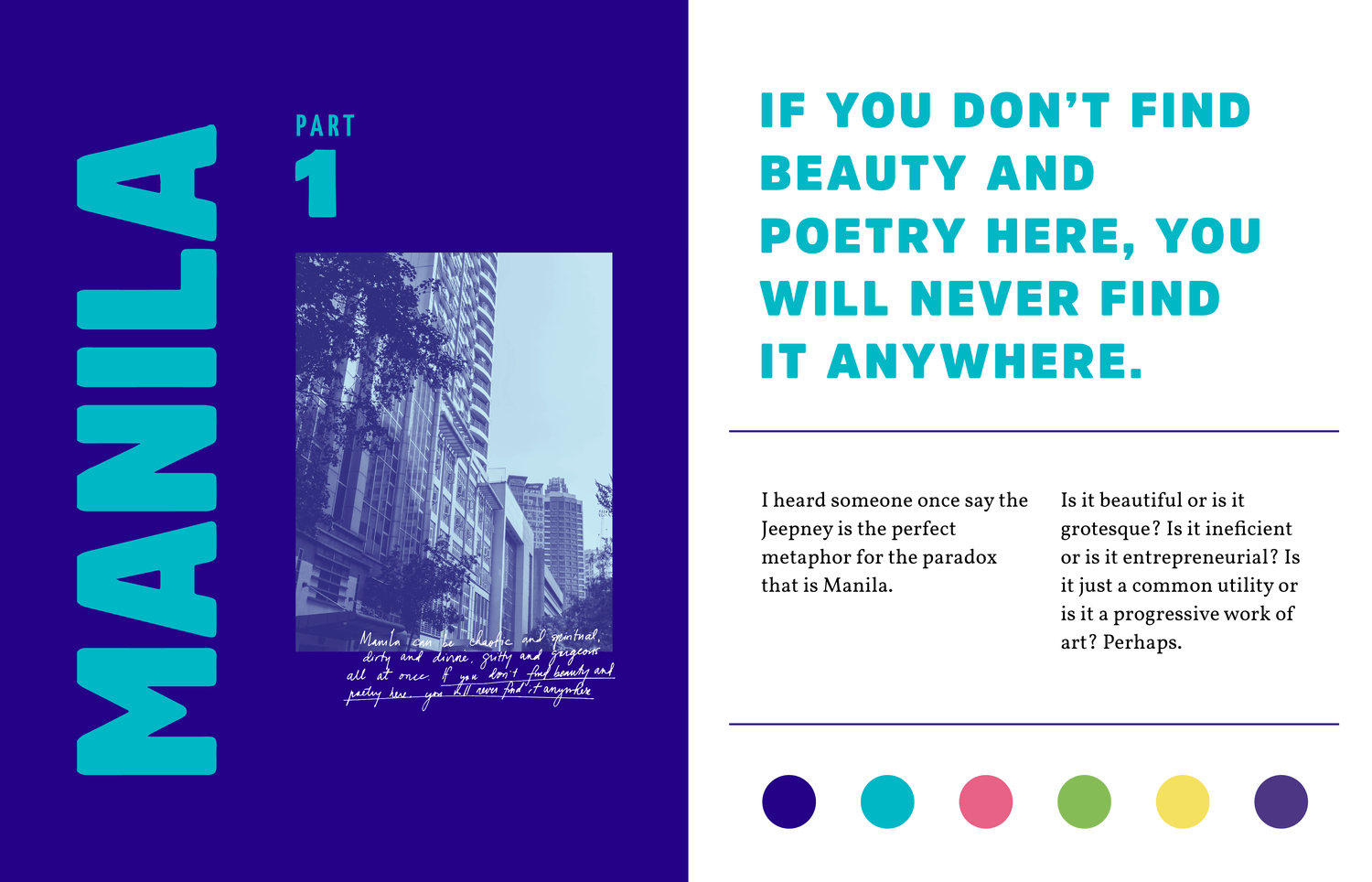 Bold and modern typesetting and color palette guidelines for travel guide book Manila, Manila, and More