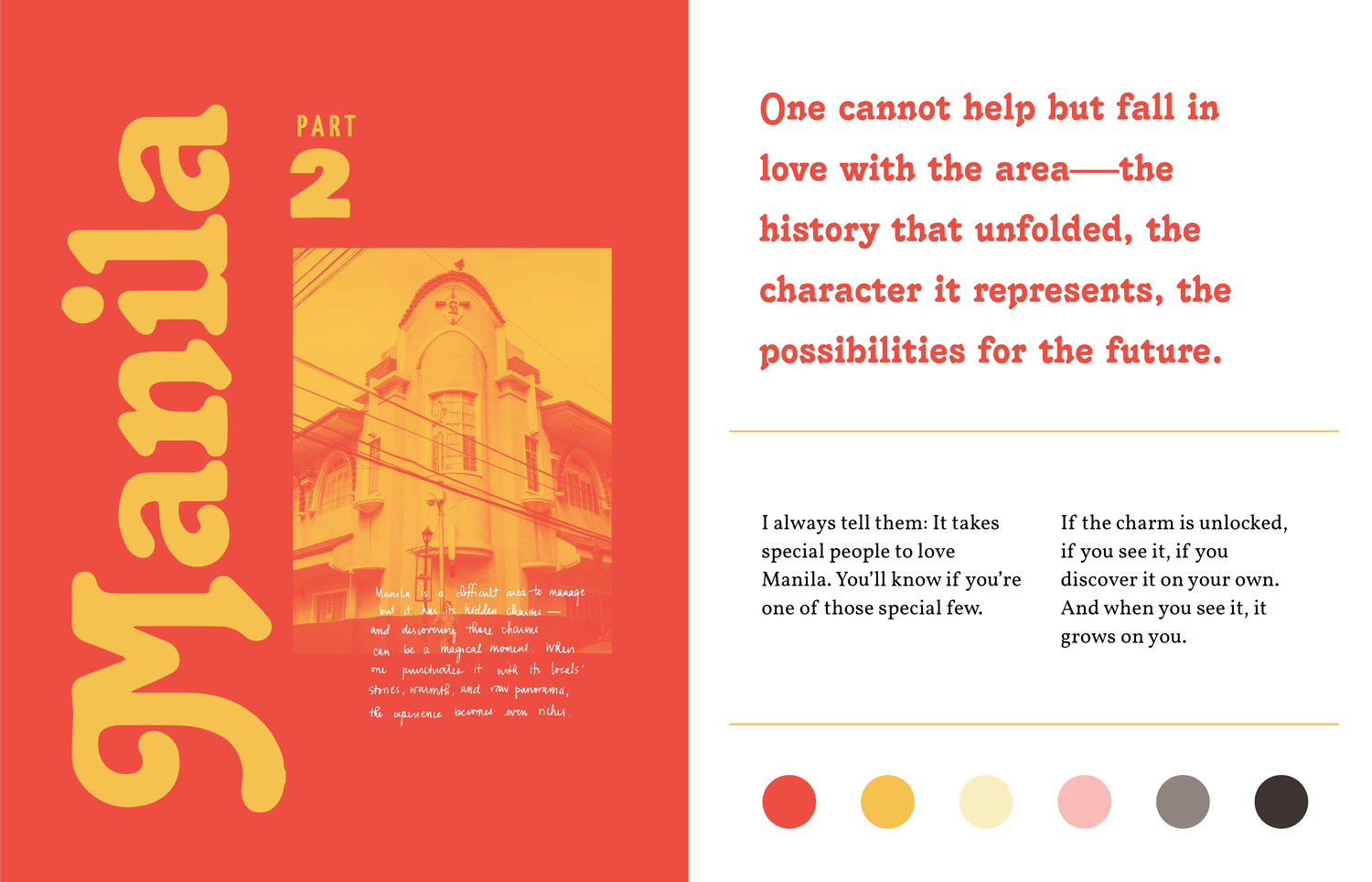 Vintage typography and color palette guidelines for travel guide book Manila Manila and More