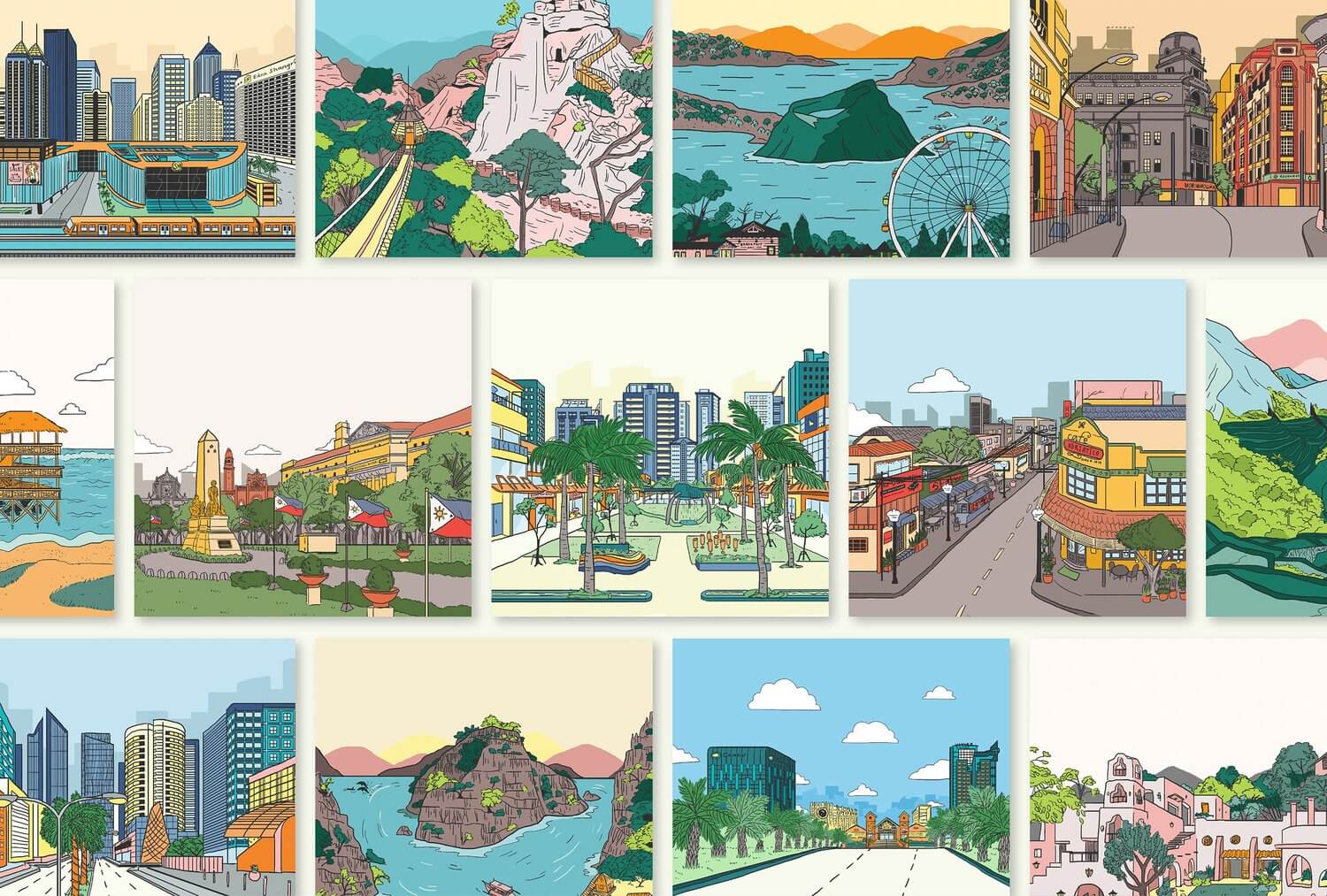 Illustrations of cities in the Philippines designed for travel guide book Manila Manila and More