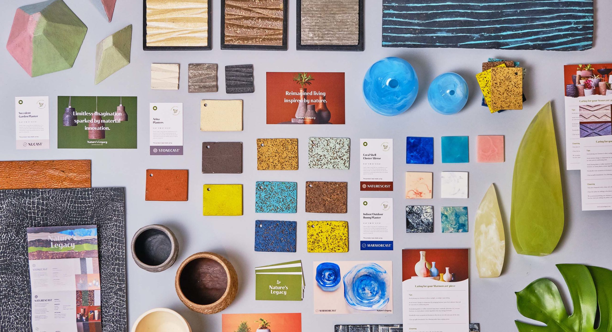 A flatlay of natural texures and collaterals for home and furniture brand Nature's Legacy