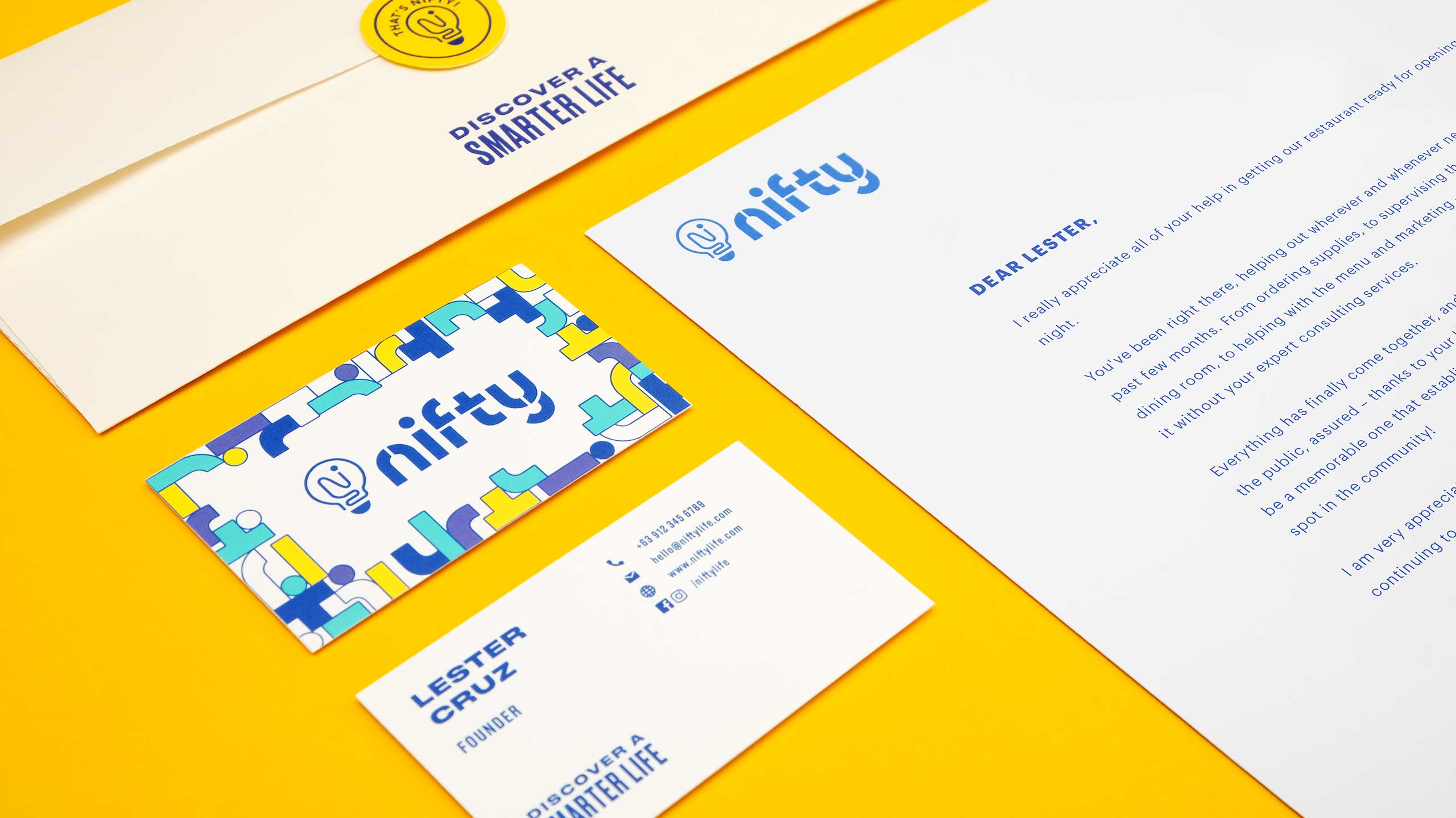 A studio photo of a business collateral set for retail tech brand Nifty