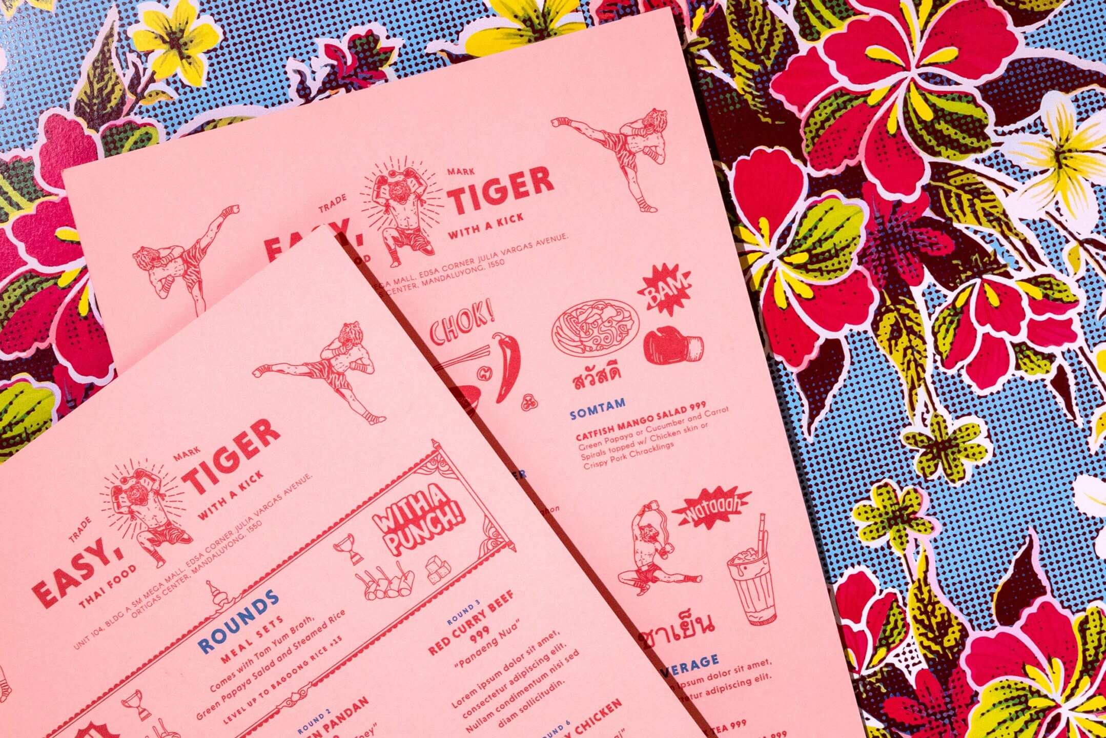 Menu layout and design with quirky illustrations for Thai food and beverage brand Easy Tiger