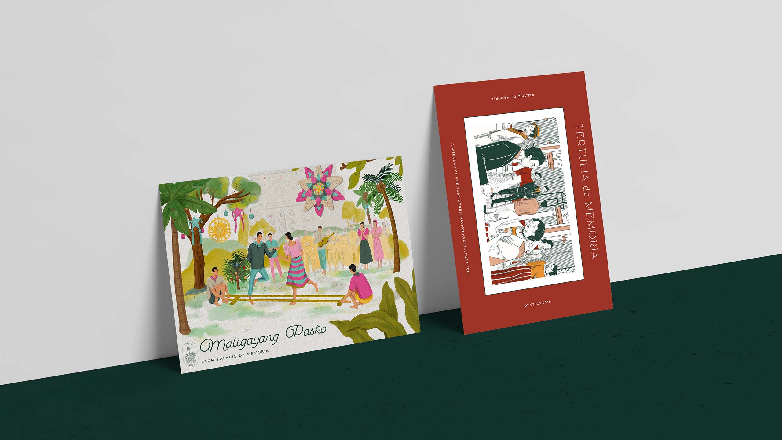 Event invitation designs and vintage illustrations for culture and events venue Palacio de Memoria