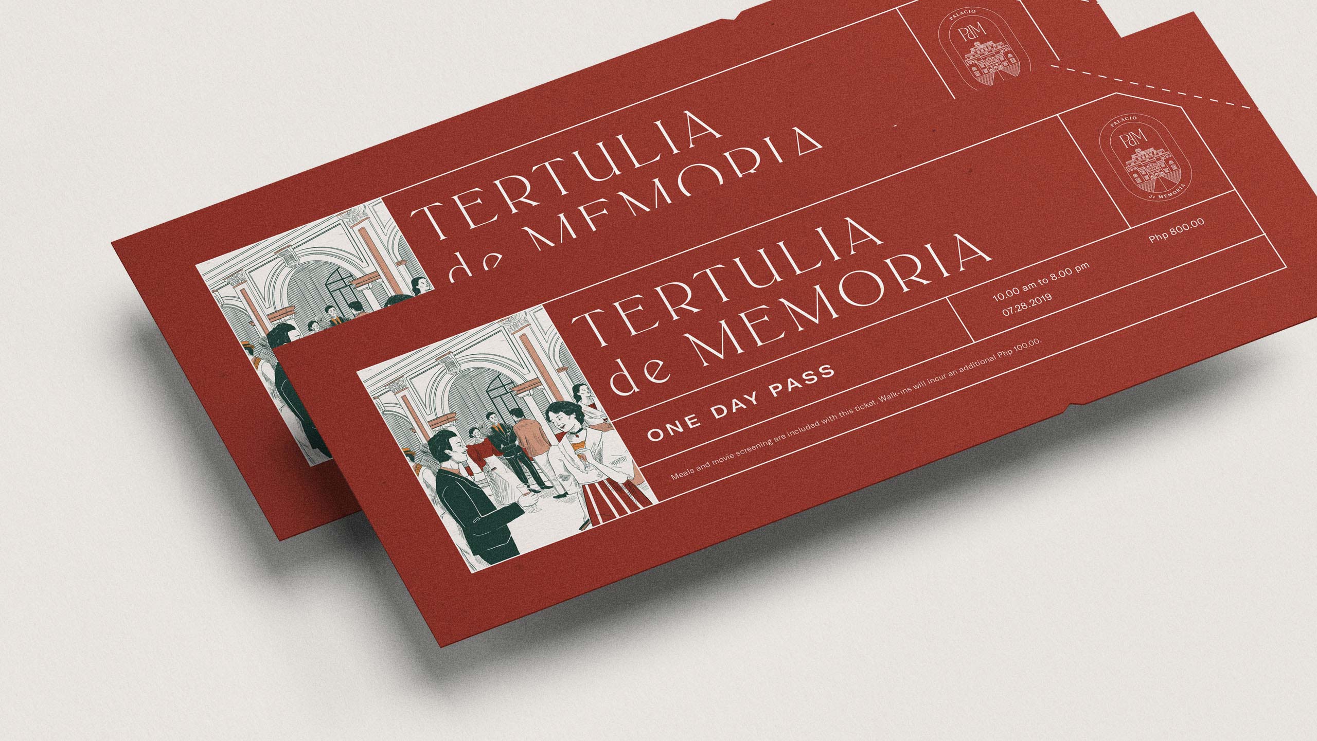 Branded event tickets designed for culture and events venue Palacio de Memoria