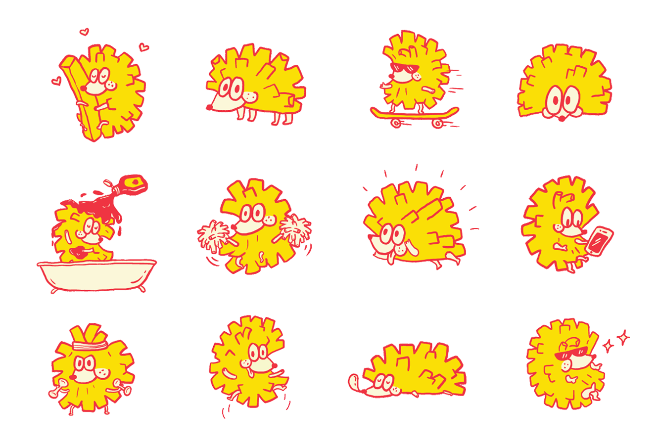Animated hedgehog character mascot design for food and beverage brand Pompoms
