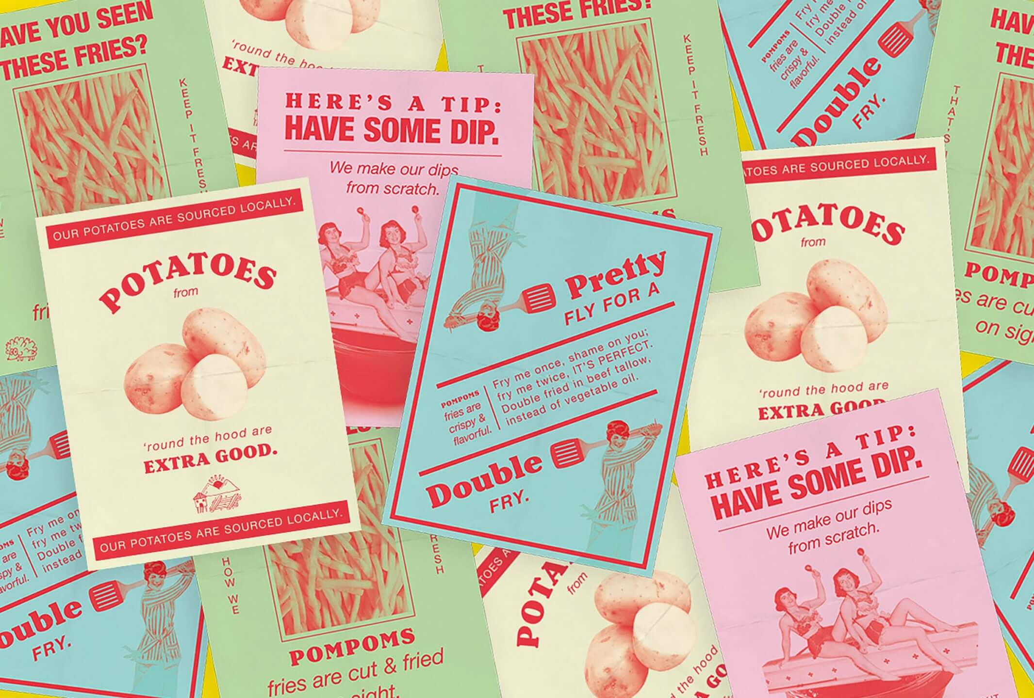 Witty vintage poster designs for food and beverage brand Pompoms