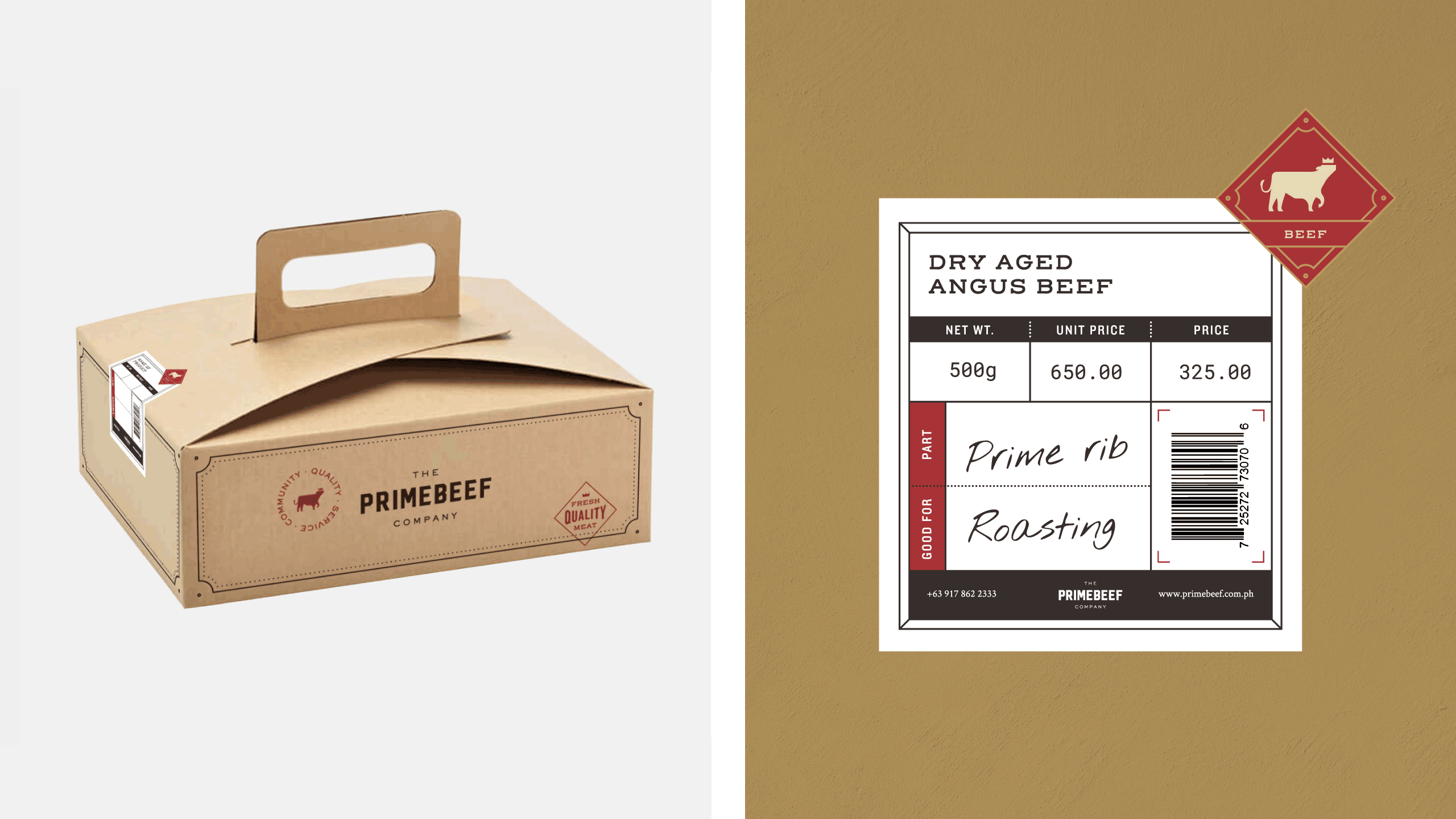 Customized box with handle packaging with informative sticker for Filipino meat brand Primebeef