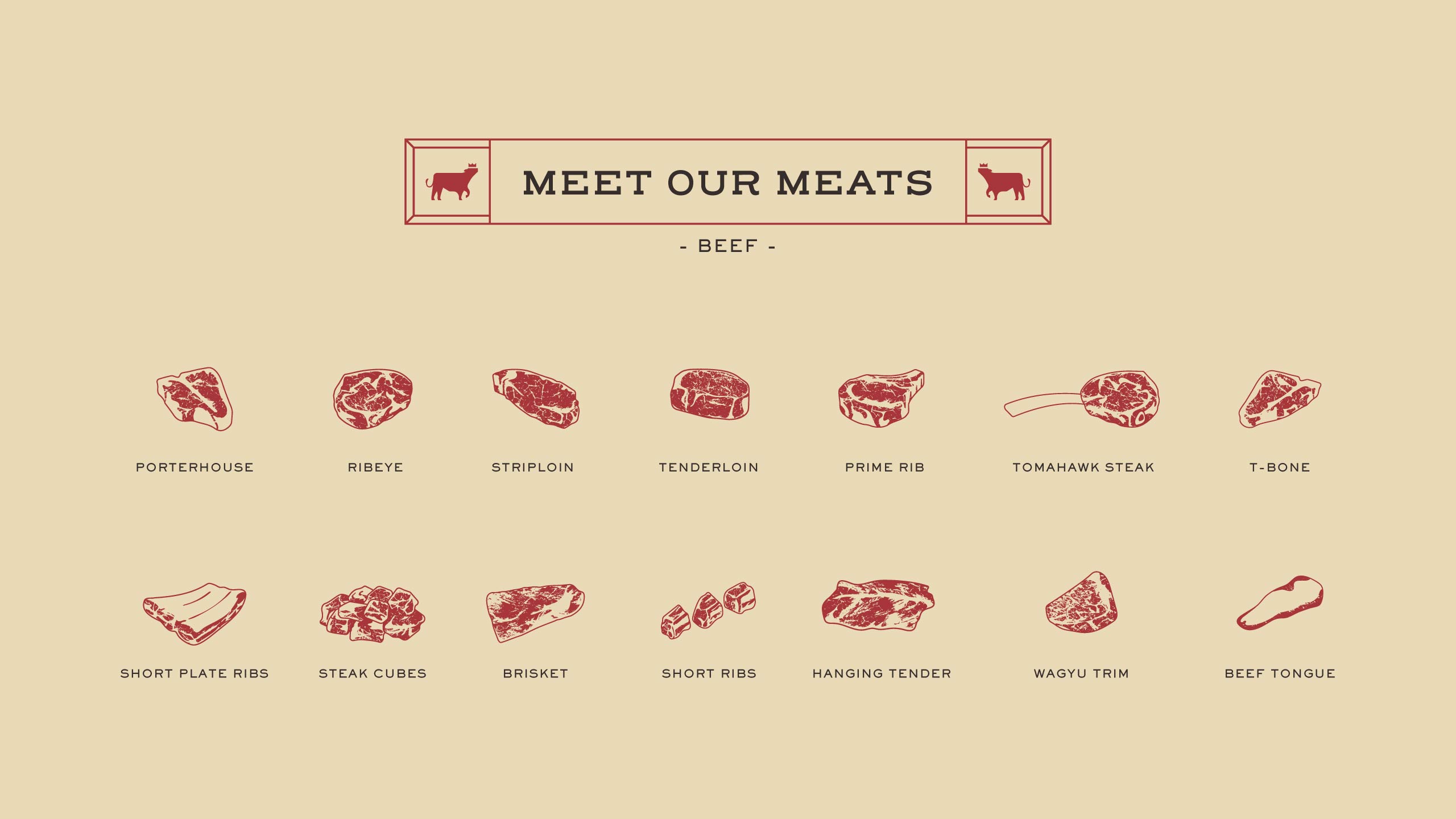 Icons, illustrations, and branding for Filipino meat brand Primebeef showing different cuts of meat