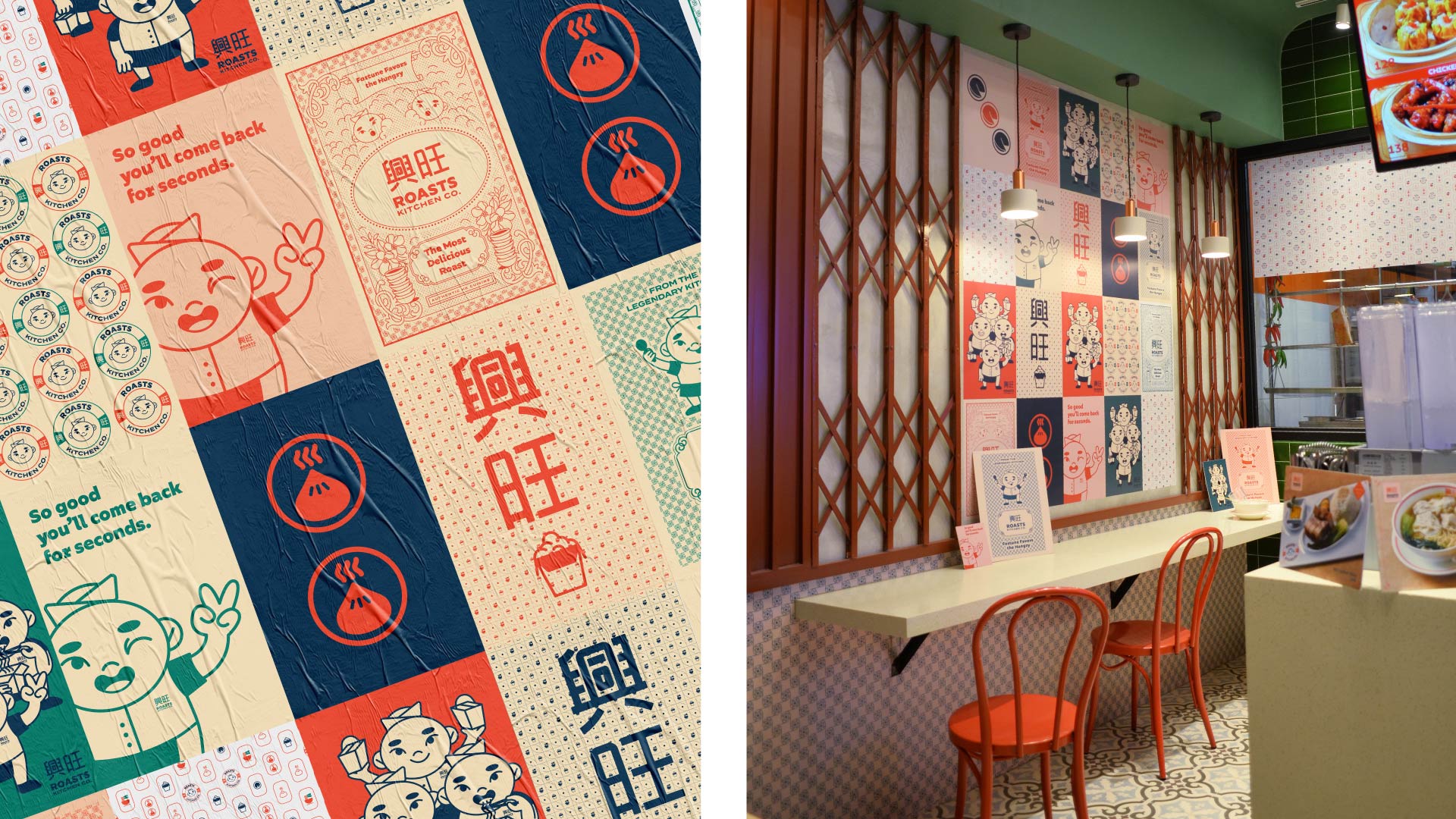 Fun and colorful Asian restaurant environment design and posters for Roasts Kitchen Co.