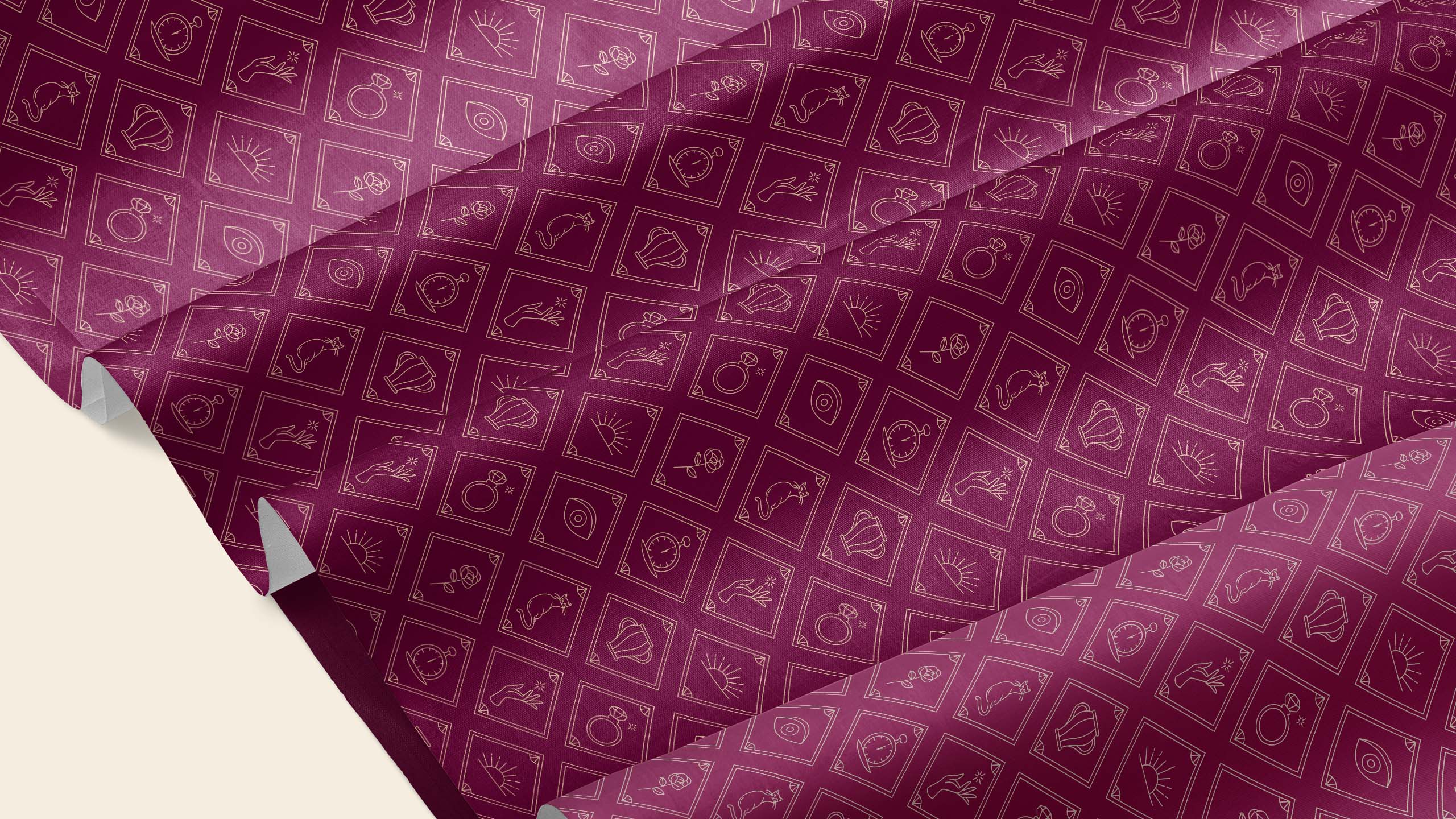 A pink and purple pattern on wrapper paper made from icons for antiques store Rue Angelique