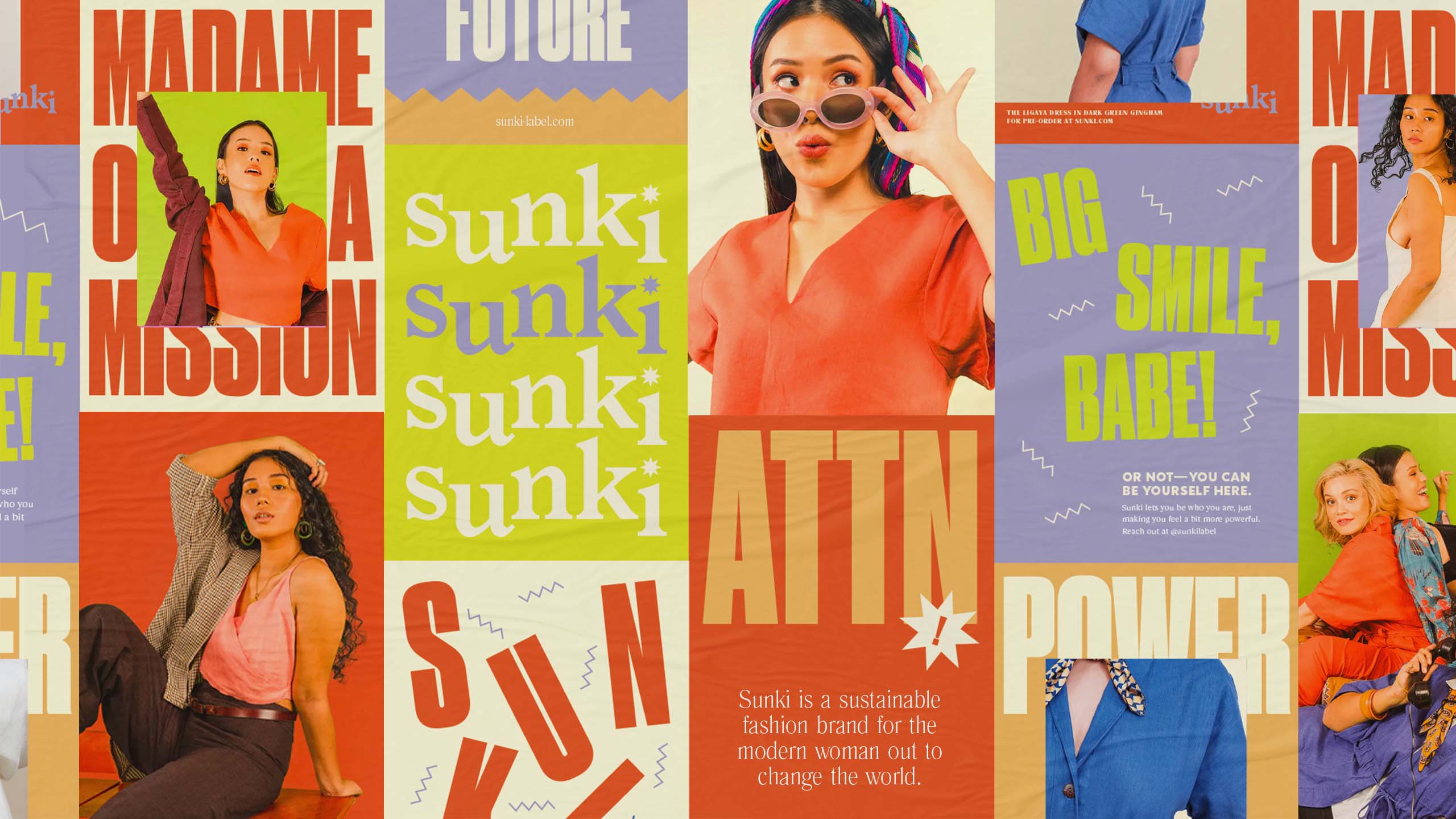 Colorful bold and edgy typography poster designs for sustainable retail brand Sunki