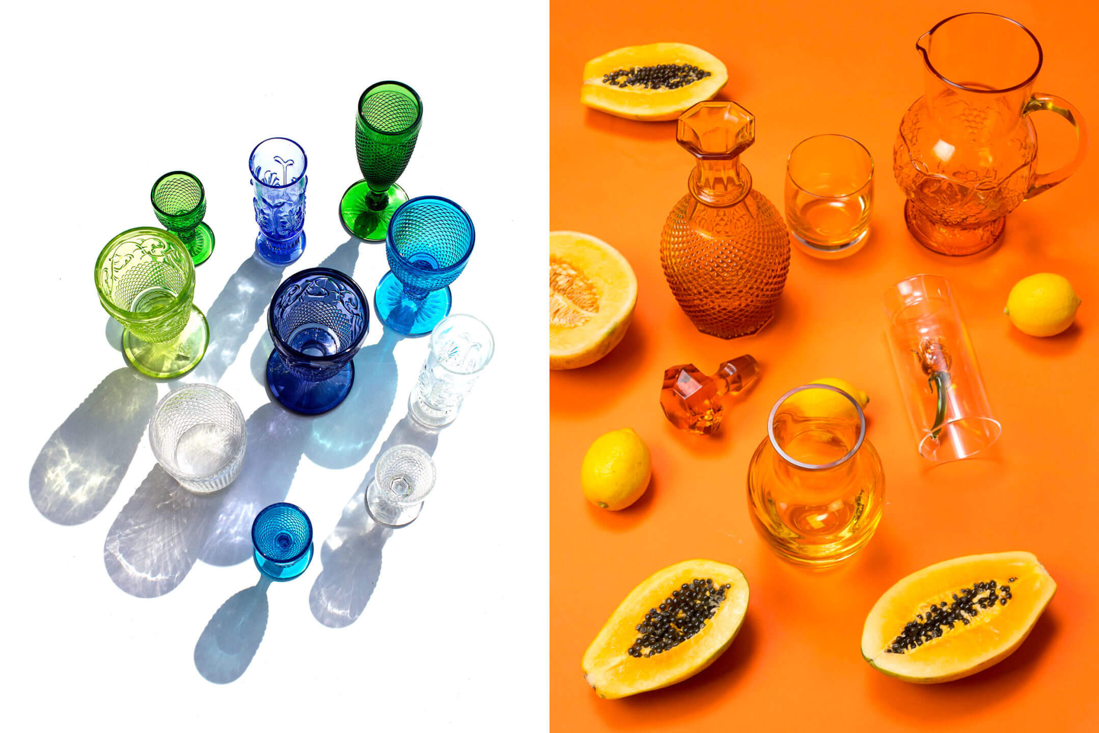 Colorful monochrome product photography for Portuguese glassware brand Vidro