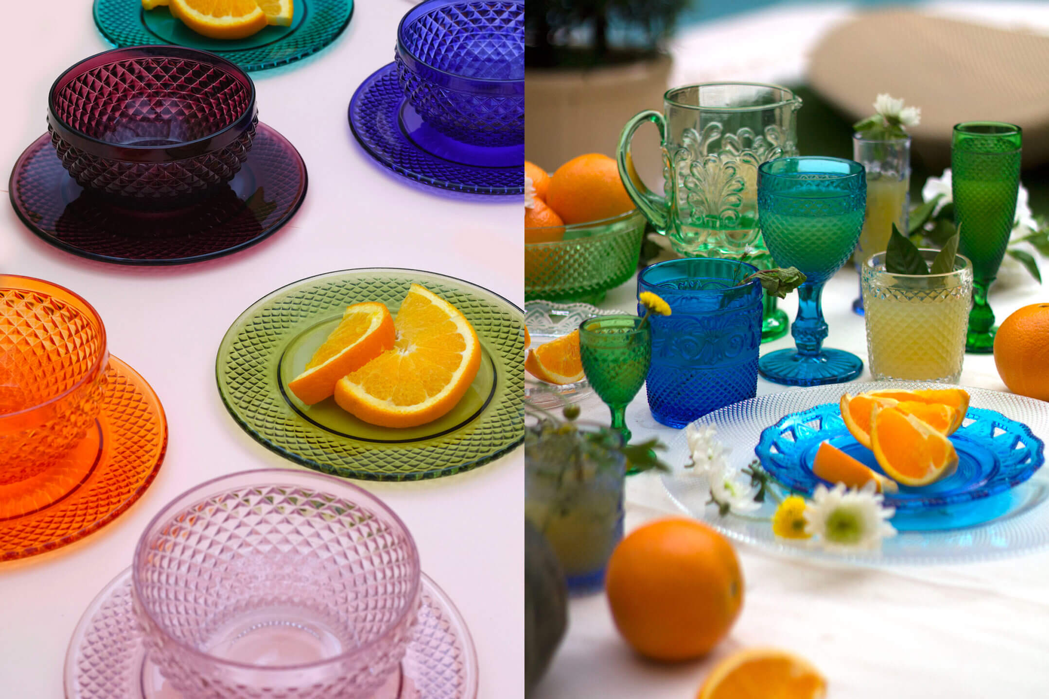 Colorful product photography of table settings for Portuguese glassware brand Vidro