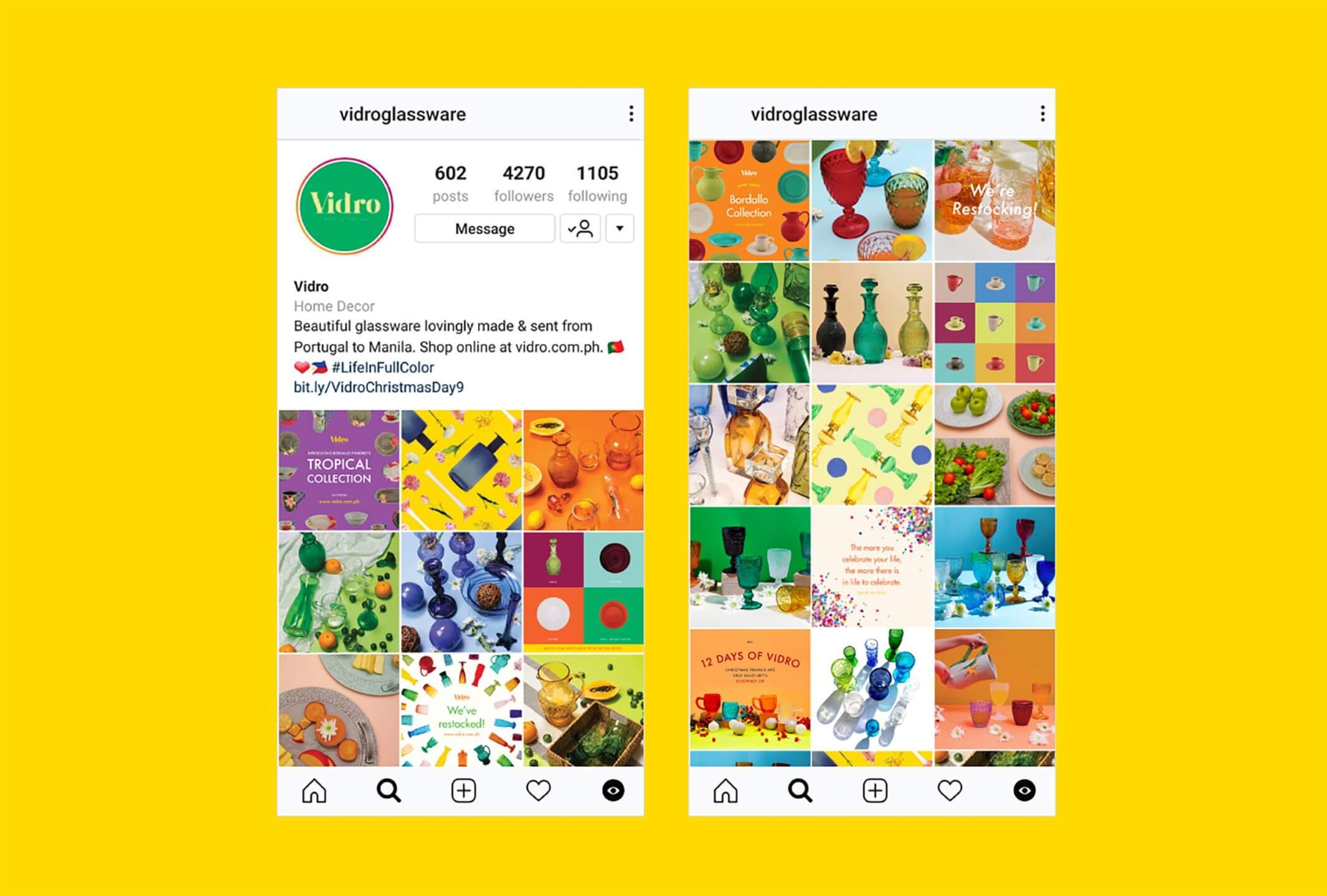 Colorful social media grid and content plan for Portuguese glassware brand Vidro
