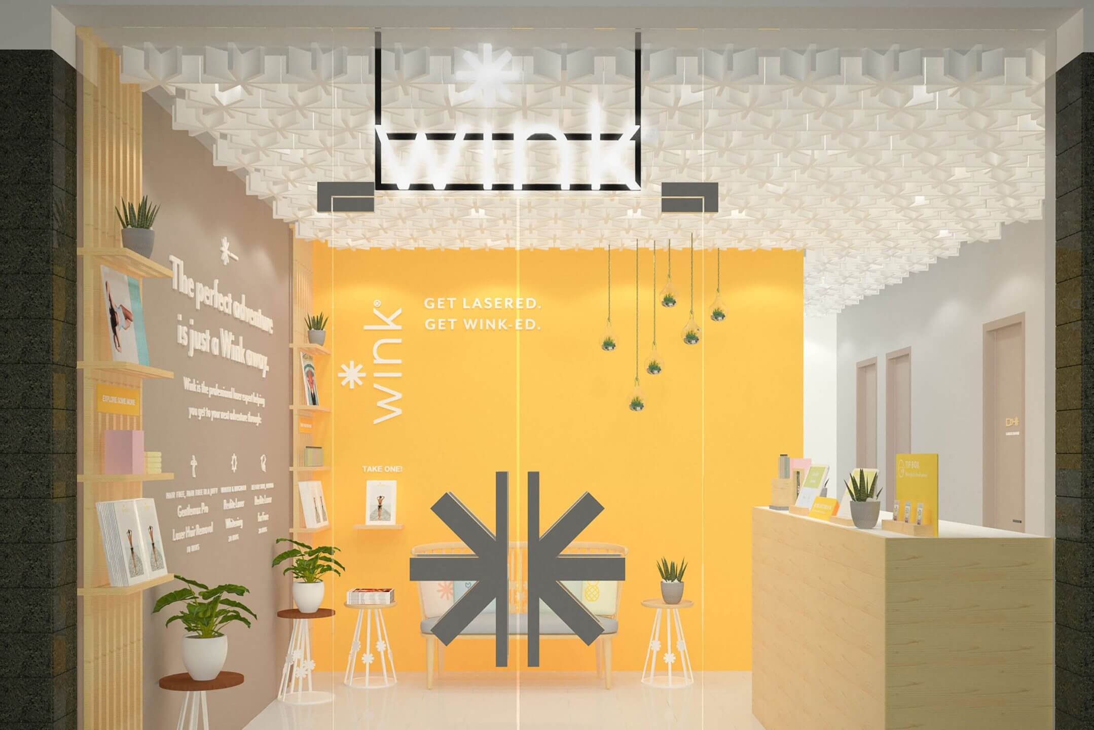 Store facade and environment design for beauty service brand Wink Laser Studio