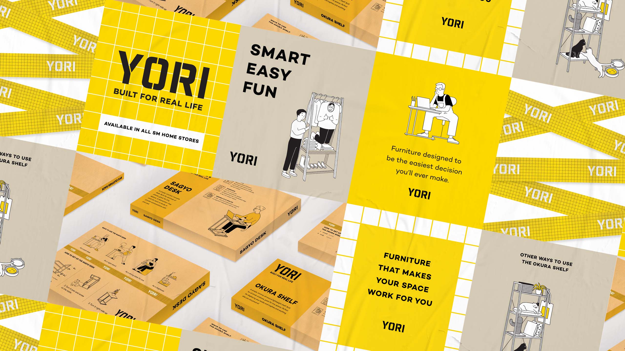 Fun and witty Japanese-inspired minimalist branding for flatpack furniture brand Yori
