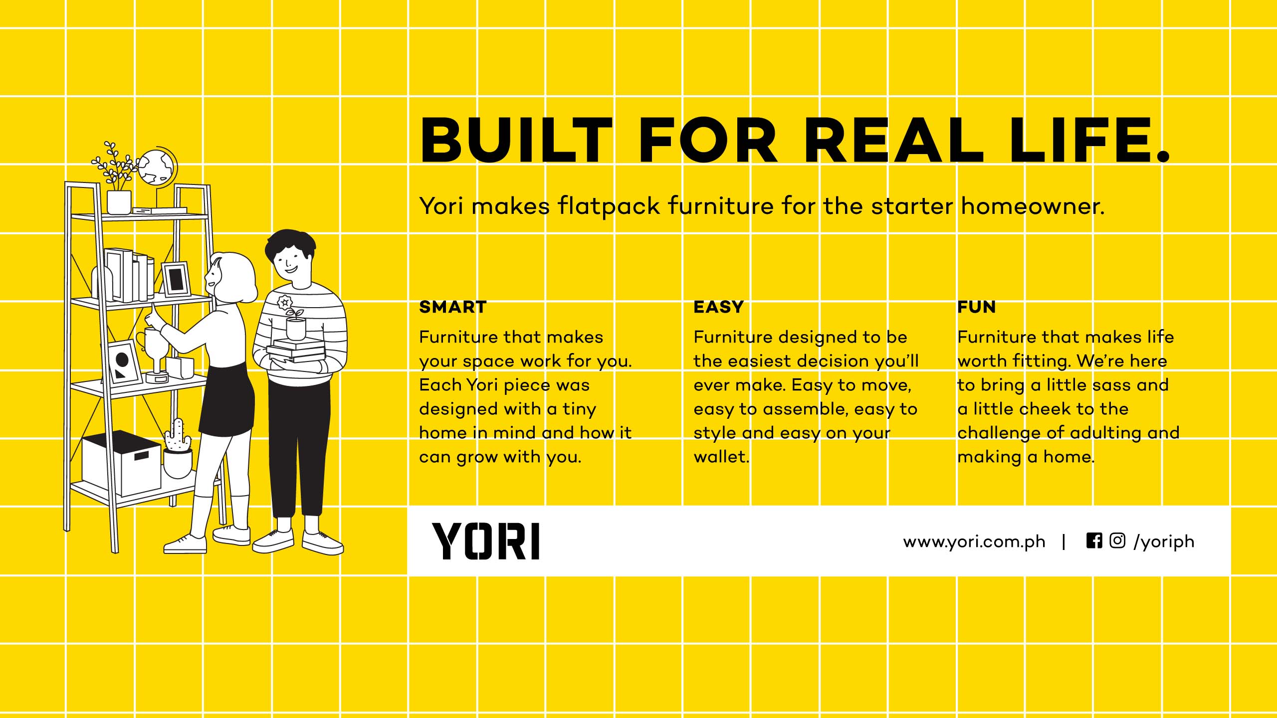 Fun, minimalist branding and typography for flatpack furniture brand Yori