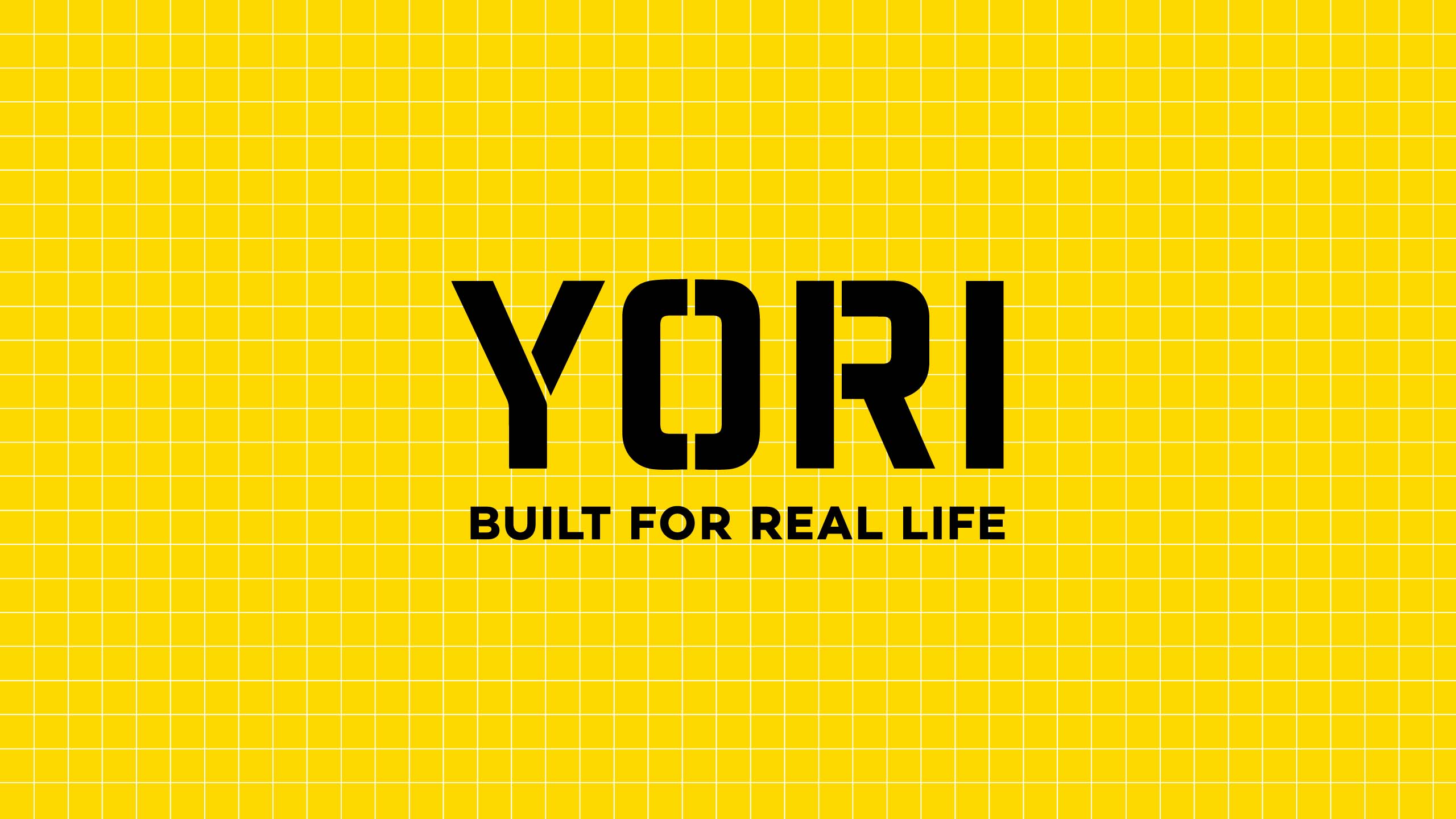 Logo for furniture brand Yori on top of the brand's fun yellow checkered pattern