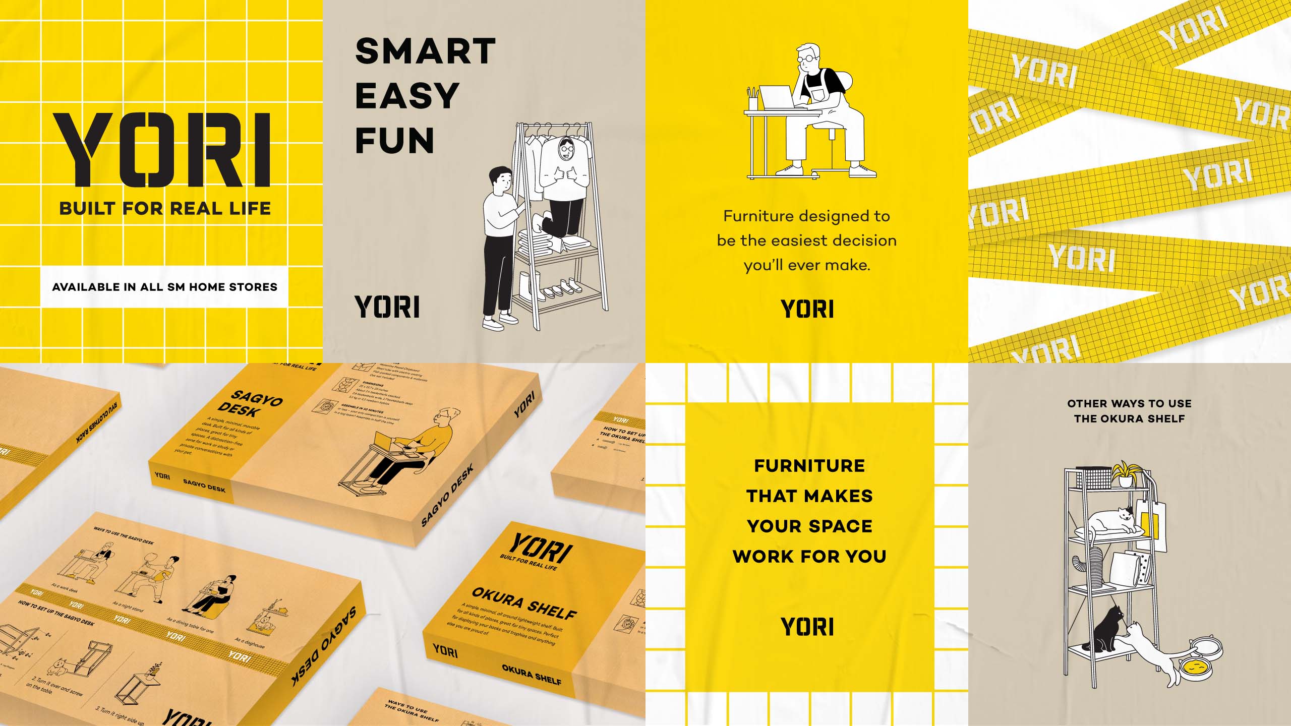 Fun and witty Japanese-inspired minimalist branding for flatpack furniture brand Yori