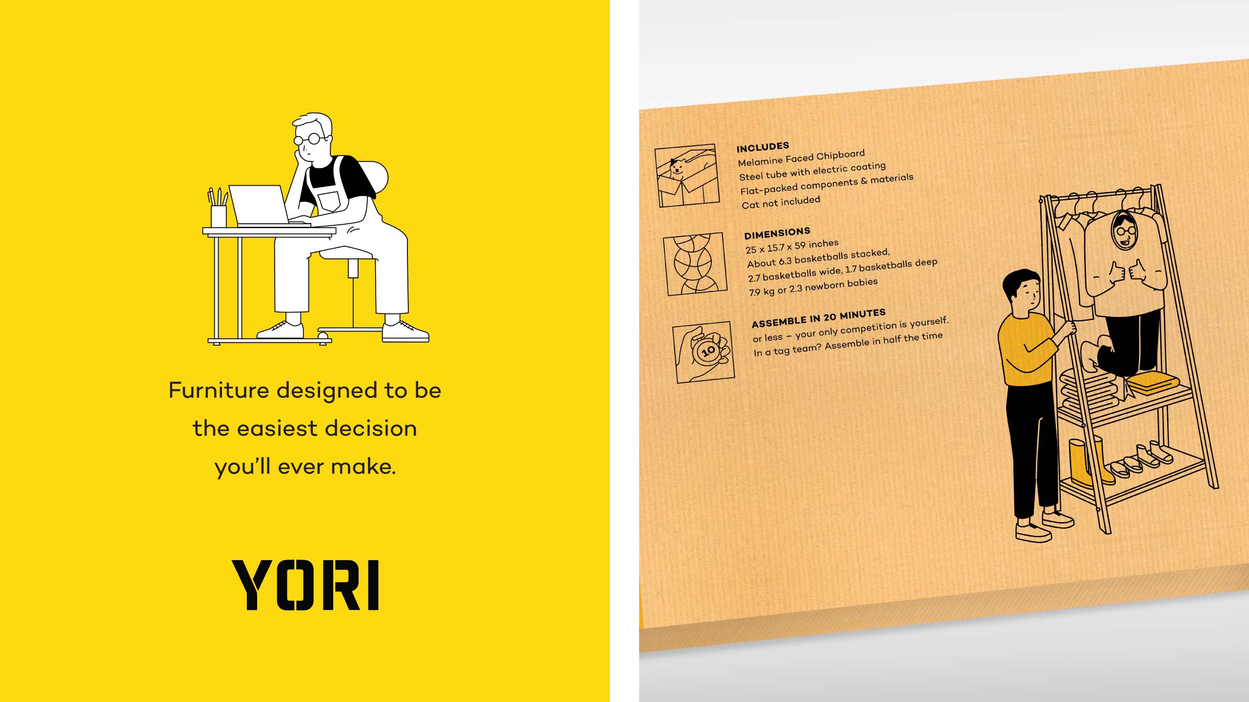Furniture brand Yori's fun and witty illustrations applied on packaging details and posters