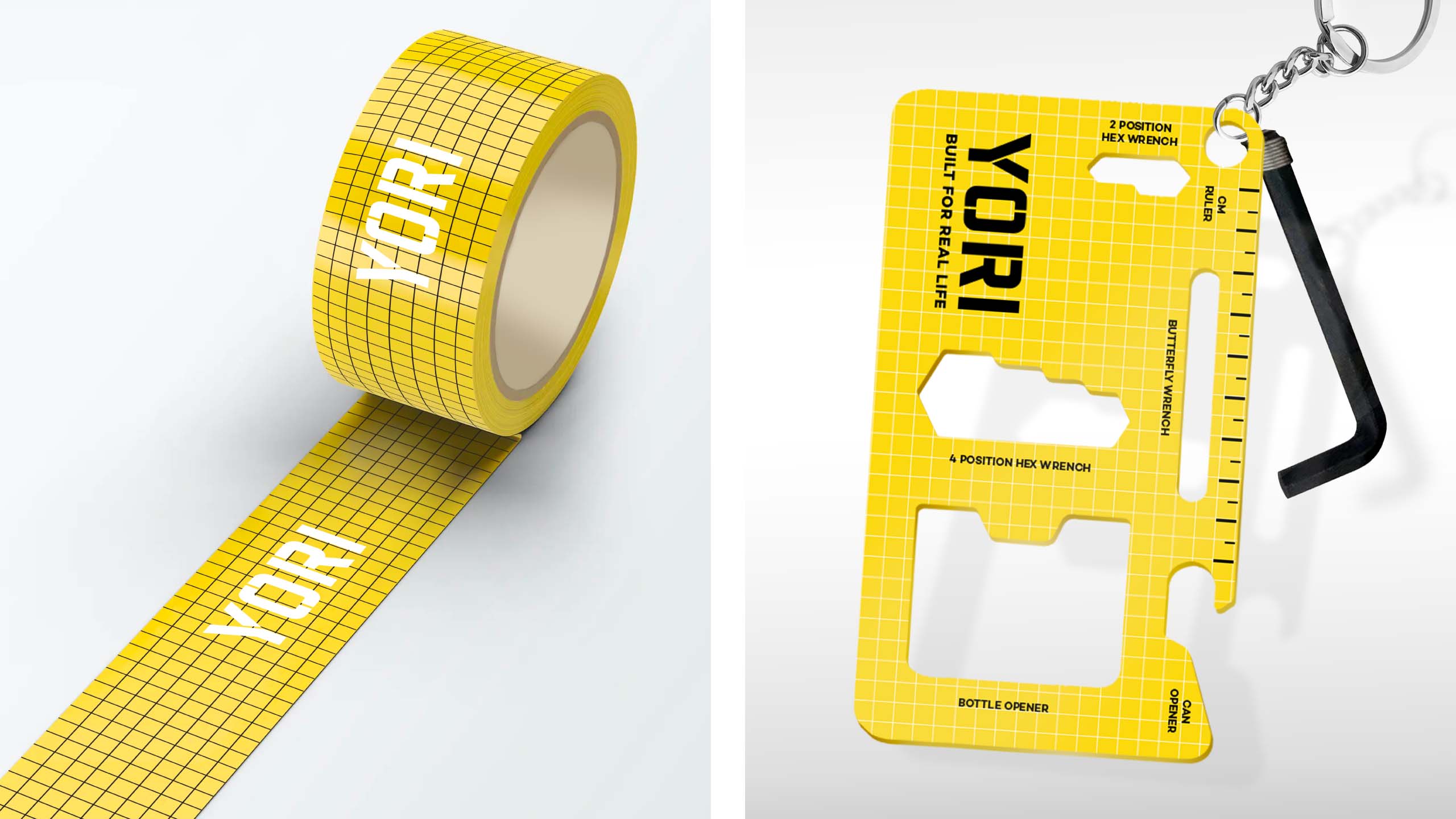 Furniture brand Yori's fun pattern applied to packaging tape and its toolbox inspired keychain