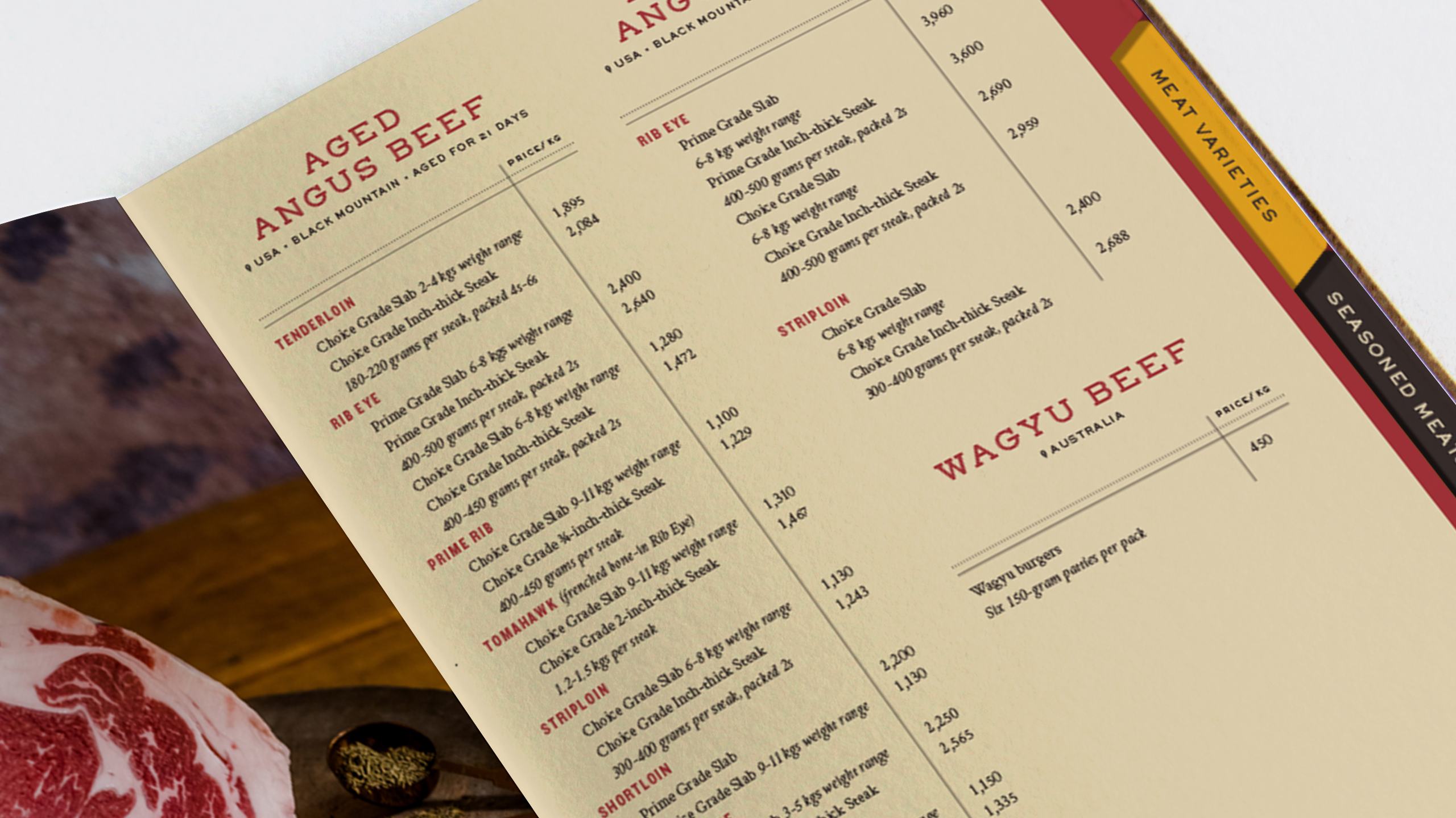 Typography and branding applied on menu and catalogue design for Filipino meat brand Primebeef