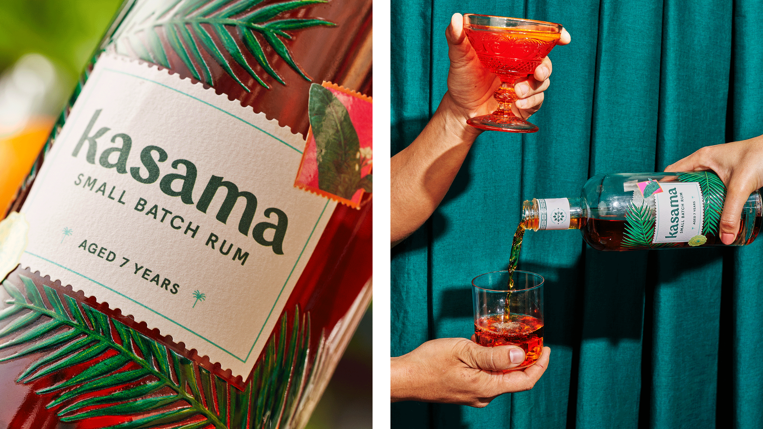 A close up of a Kasama Rum bottle and hands holding a cocktail a hand pouring Kasama Rum