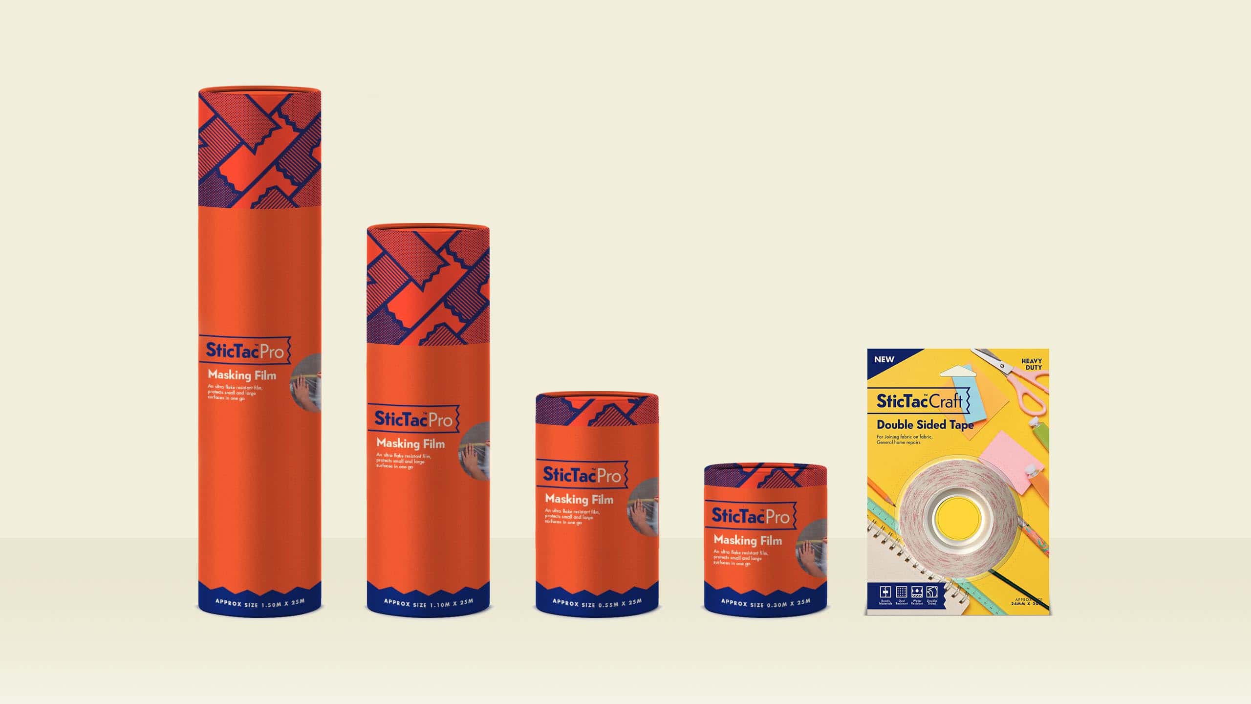 Packaging and product photos for SticTac Pro's masking film and StickTac Craft's double sided tape